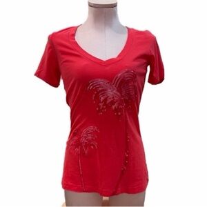 BNWT Tommy Bahama Coral Red V-Neck Palm Design Tee size XS